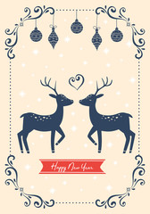 Light pink new year card with a couple of deer. Vector illustration.