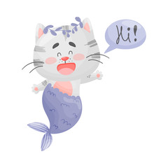 Fototapeta na wymiar Mermaid cat welcomes. Vector illustration on a white background.