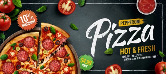 Fotobehang Pepperoni pizza banneradvertenties © MITstudio