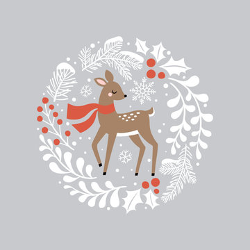 Cute hand drawn vector deer in wreath. Perfect for tee shirt logo, greeting card, poster, invitation or print design. 