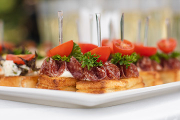 Close-up big plate with serving snack canapes fried bread tomato parsley and salami. Appetizing fresh unhealthy sandwich food decorated on table of luxury restaurant