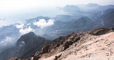 Beautiful view of the coast of Antalya and Taurus Mountains from the viewpoint of Tahtali Mountain, Turkey