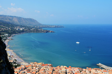 Aerial view of Cefalu town from the rock of Rocca di Cefalu. Sicily, Italy