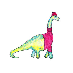Watercolor hand drawn dinosaur dressed in bobble hat and sweater for children design. Isolated winter dressed Dino on white background. Christmas Brachiosaurus.