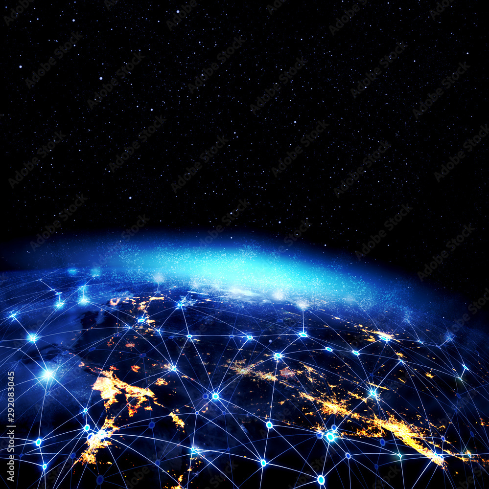Wall mural global network for the exchange of data on the planet earth. blue black ground. elements of this ima