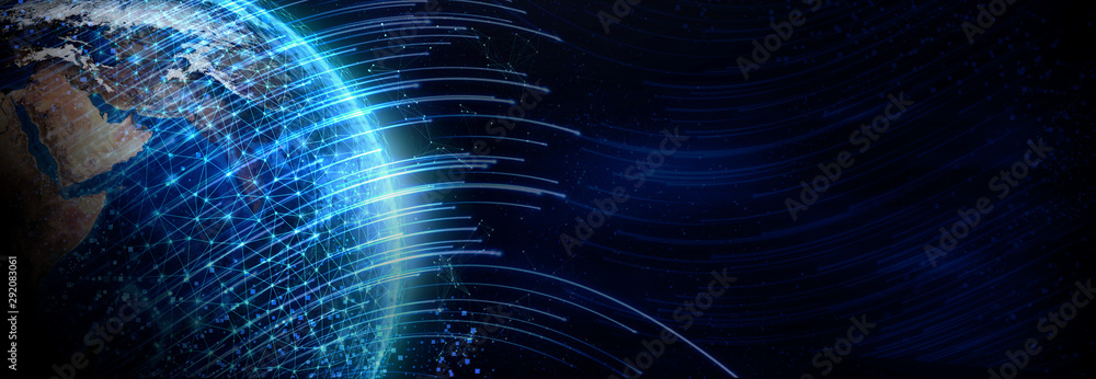Wall mural global network for the exchange of data on the planet earth. blue black ground. elements of this ima