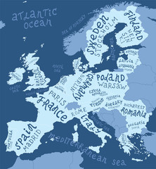 Map of Europe with hand drawn lettering