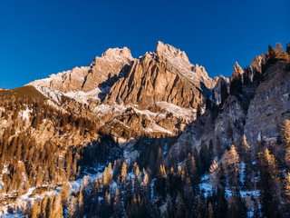 Sunrise in Dolomites mountains South Tyrol, Italy. Aerial top view