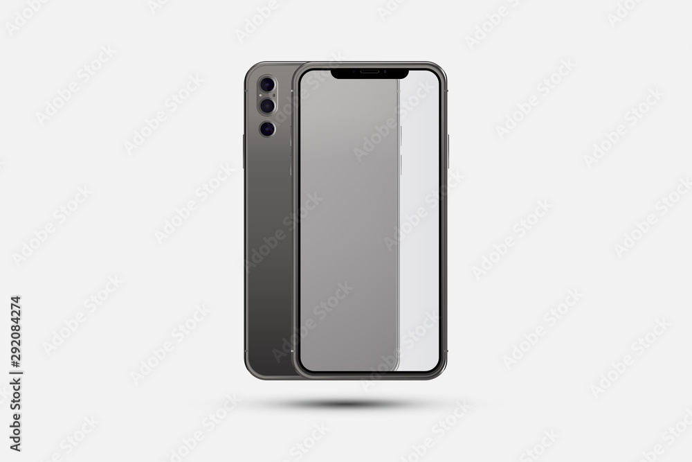 Poster mock-up of realistic smartphone. front side with transparent screen and back side with cameras isola