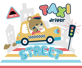 funny taxi driver call while driving, vector cartoon illustration