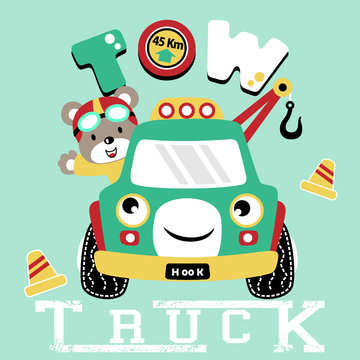vector cartoon of tow truck with bear the funny driver