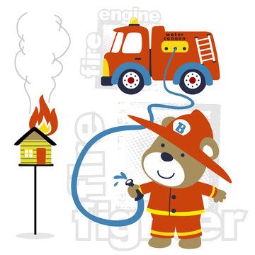 vector cartoon of funny fireman with fire truck in a duty