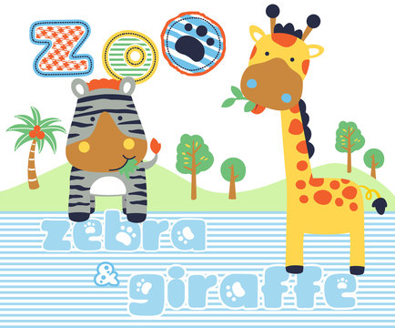 Zebra with giraffe in the zoo, vector cartoon illustration