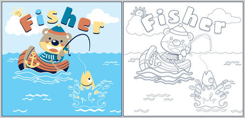 Bear fishing cartoon, coloring page or book
