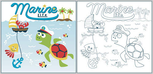 funny marine life cartoon vector, coloring page or book