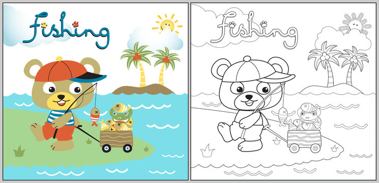 fishing bear cartoon with a frog in the beach, coloring page or book