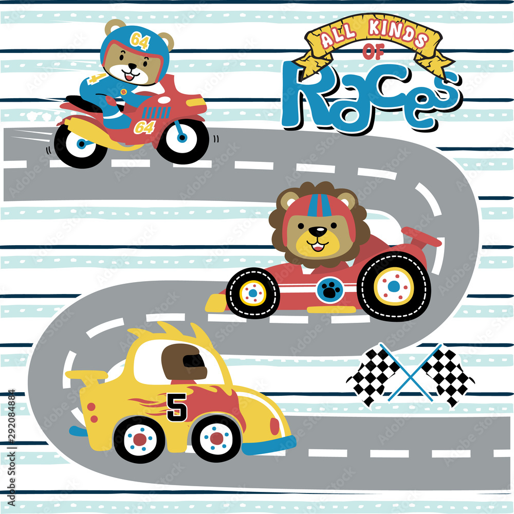 Wall mural vector cartoon of all kinds of races, with funny animals racer