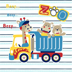 Obraz na płótnie Canvas funny animals cartoon on truck, giraffe, hippo, bear.
