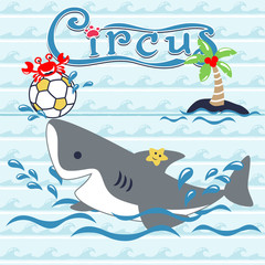 water circus cartoon with shark, crab and starfish on wave background pattern