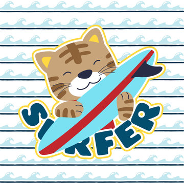 Cat the cute surfer cartoon on wave background pattern