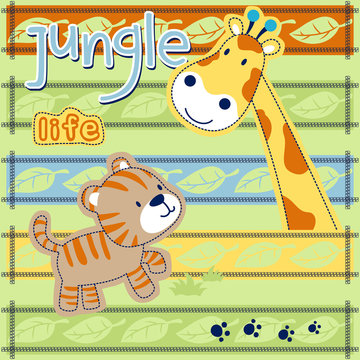 jungle animals cartoon, giraffe with tiger on colorful striped leaves background pattern