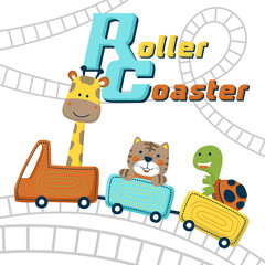 cute animals cartoon on roller coaster, giraffe, cat, turtle