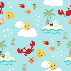 seamless pattern with marine life cartoon, beach summer holiday theme set