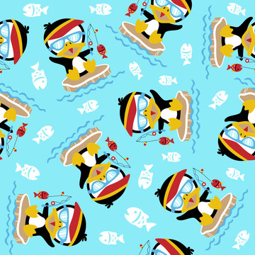 vector seamless pattern with fishing penguin