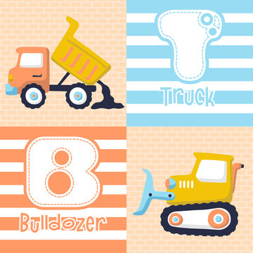 construction vehicles cartoon on bricks background with its initials letter