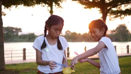 The old sister and young sister, who are wearing a white shirt, braid, cute white dresser, playing, blowing soap bubbles at the lawn on the riverside in the evening sunset. - Powered by Adobe