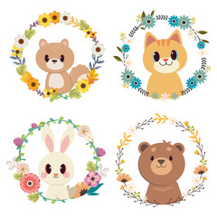 The poster for character of cute squirrel ,cute cat ,white rabbit and brown teddy bear sitting in to the center of flower ring. The group of animal with flower ring set. The animal flat vector style