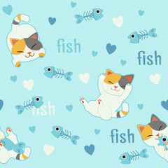The seamless pattern background for character of cute cat in love with fishbone. The pattern of fishbone and heart in blue background. The character of cute cat in flat vector style.