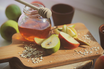 Breakfast useful porridge and sandwiches is on the table