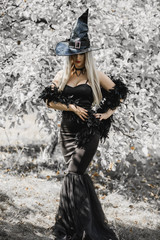 Halloween concept, elegant witch in black dress and hat, costume and ideas on a holidays 