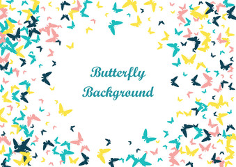 Festive butterfly confetti background. Frame vector pattern texture for holiday, postcard, poster, carnival, banner, birthday and children's parties. Butterfly cover mock-up. Wedding butterfly layout