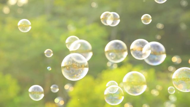 Soap bubbles floating in the air with natural green blurred bokeh background for children and kids in the park