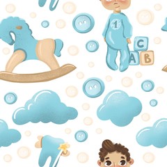 Seamless baby boy pattern in blue color for scrapbook paper design and first baby projects