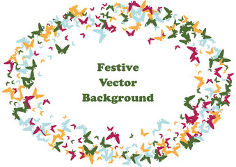 Festive butterfly confetti background. Frame vector pattern texture for holiday, postcard, poster, carnival, banner, birthday and children's parties. Butterfly cover mock-up. Wedding butterfly layout