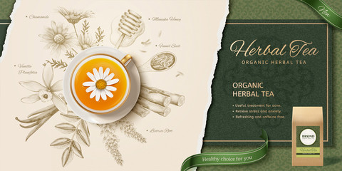 Engraving style herbal tea ads - obrazy, fototapety, plakaty