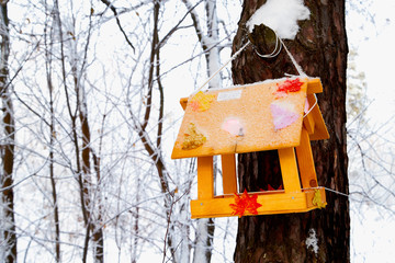 Beautiful feeder for bird in winter forest