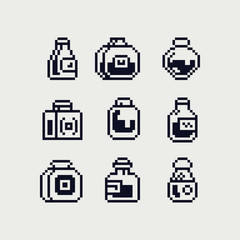 Various glass bottles of liquid, perfume and alcoholic beverages jare pixel art icon set isolated vector illustration. 1-bit sprite. Design for stickers, stamp, web, logo shop, mobile app.