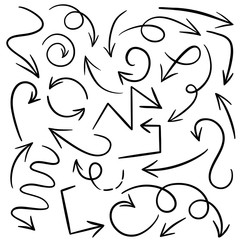 Doodle set of pencil drawing objects. Abstract hand drawn arrows. Vector arrows for design.