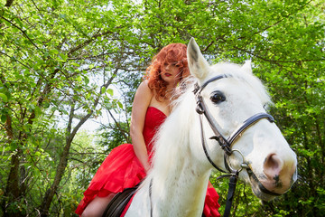 Girl in beautiful red dress on white horse in Park or forest. Photo shoot models and fashion