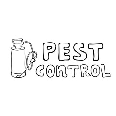 Pest control. Lettering with pesticide pump sprayer Hand drawing sketch agricultural tool vector illustration isolated on white background