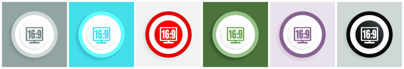 16 9 display icon set, colorful flat design vector illustrations in 6 options for web design and mobile applications