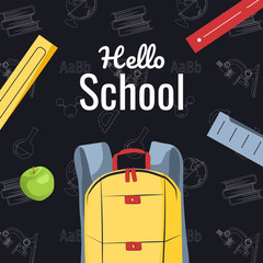 Card design for School, knowledge, students, studying with schoolbag, books and apple. Vector illustrations can be used for postcard, poster, banner, card, cover.