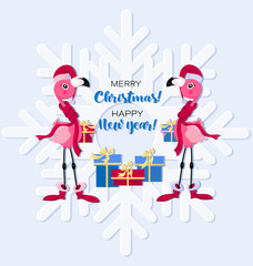 Pink flamingos with gifts. Merry christmas and happy new year. Festive greeting with two flamingos in a hat of Santa Claus on a background of snowflakes. Vector christmas greeting card.