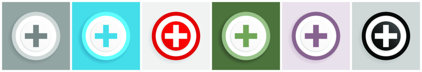 Obraz premium Plus icon set, colorful flat design vector illustrations in 6 options for web design and mobile applications