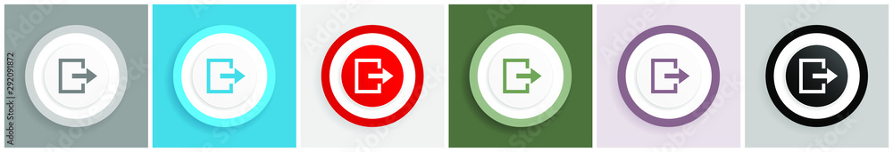 Poster exit icon set, colorful flat design vector illustrations in 6 options for web design and mobile appl