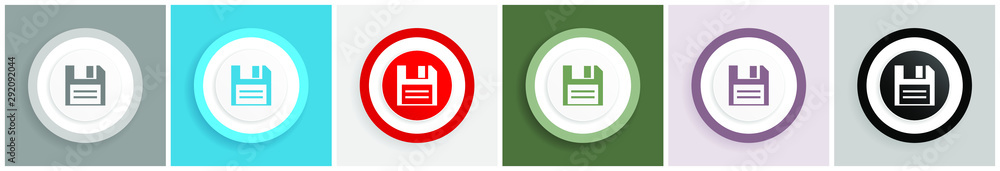 Poster disk icon set, colorful flat design vector illustrations in 6 options for web design and mobile appl